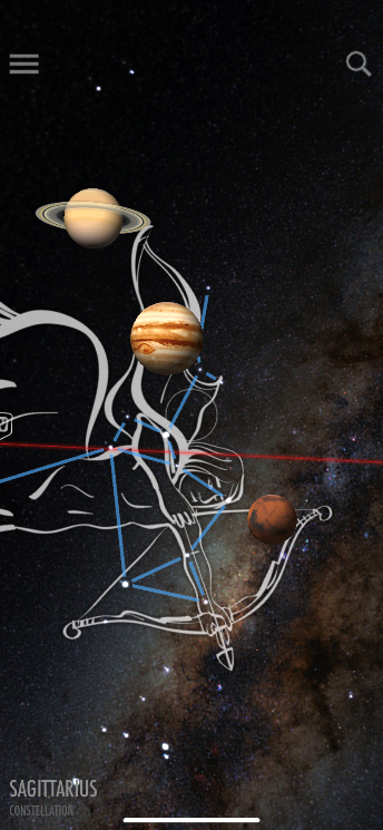 Screenshot from Skyview Lite app, shows planets, horizon, and outline of sagitarrius constellation 